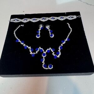 Blue Rhinestone Prom Jewelry Set Y Drop Necklace Bracelet Earrings